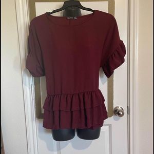BooHoo blouse with ruffles and button back size 14